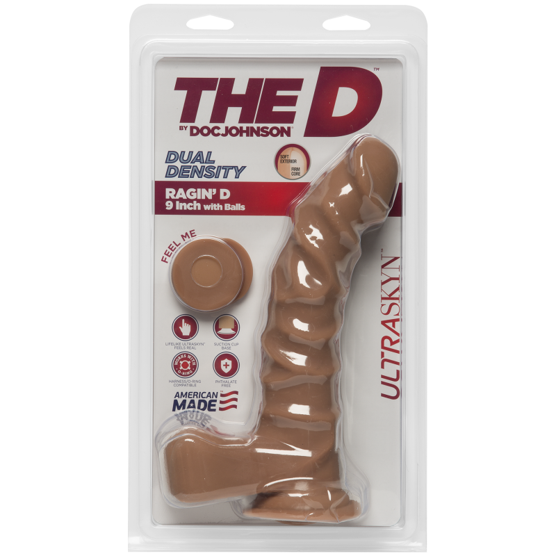 Фалоімітатор Doc Johnson The D - Ragin D - 9 Inch With Balls - ULTRASKYN - Caramel, діаметр 5,1 см