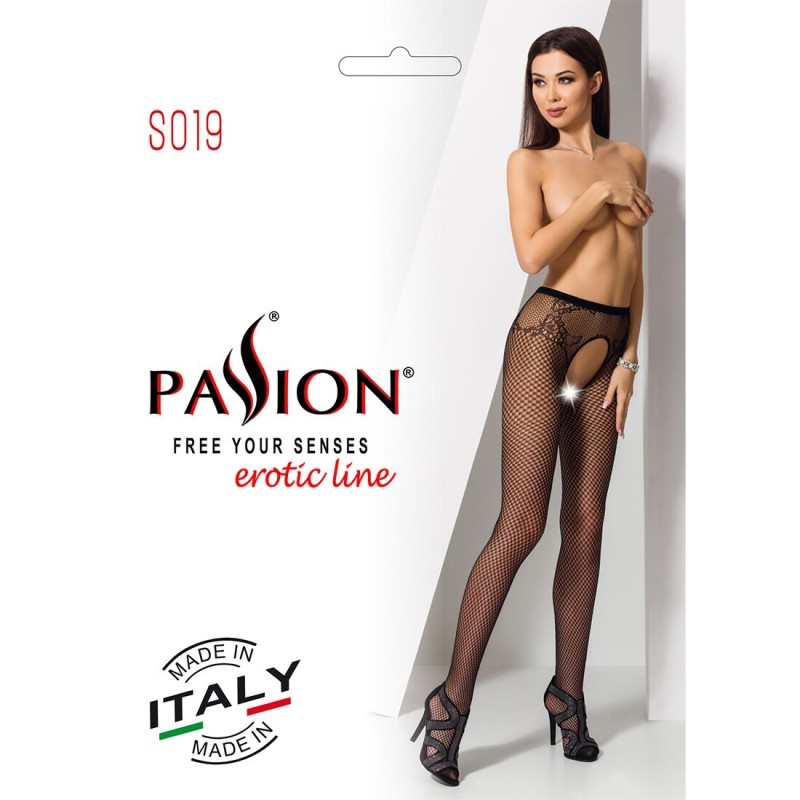 Сетчатые колготки-бодистокинги Passion S019 One Size, Black, имитация трусиков, открытый доступ