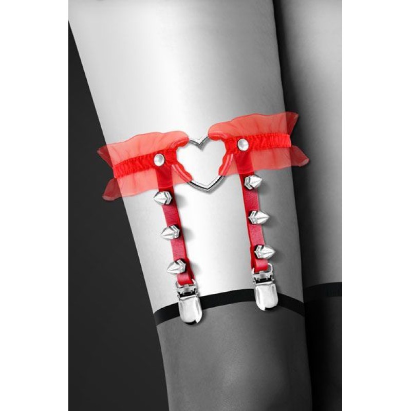 Гартер на ногу Bijoux Pour Toi - WITH HEART AND SPIKES Red, сексуальна підв'язка з сердечком