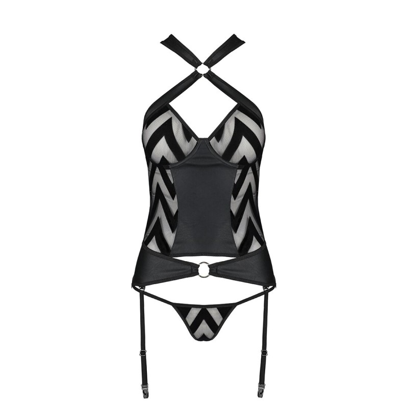 Сітчастий комплект з візерунком Passion HIMA CORSET L/XL black корсет з халтером, підв'язки, трусики