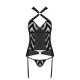 Сітчастий комплект з візерунком Passion HIMA CORSET L/XL black корсет з халтером, підв'язки, трусики