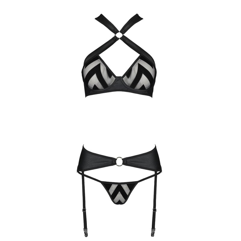 Сетчатый набор с узором, бюстгальтер, трусики, пояс для чулок Passion HIMA SET XXL/XXXL black