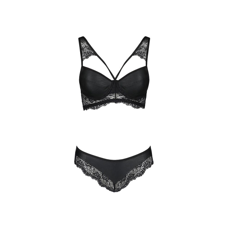 Комплект з еко-шкіри та мережива Passion LOONA SET XXL/XXXL, black, бра і трусики