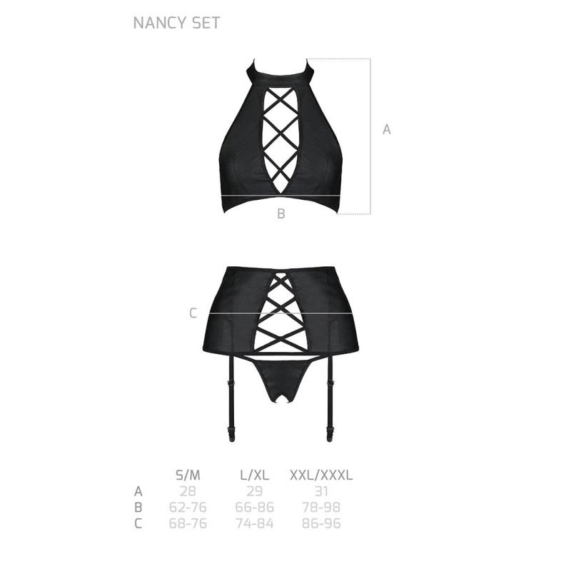 Комплект из эко-кожи с имитацией шнуровки Passion NANCY SET S/M black, топ, трусики, пояс для чулок