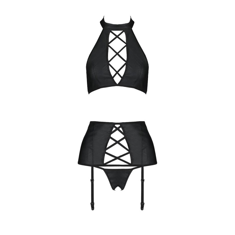 Комплект из эко-кожи с имитацией шнуровки Passion NANCY SET S/M black, топ, трусики, пояс для чулок