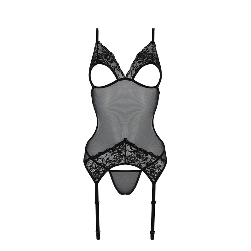 Корсет із підв’язками та ажурним ліфом Passion CHRISTA CORSET XXL/XXXL, black, стрінги в комплекті