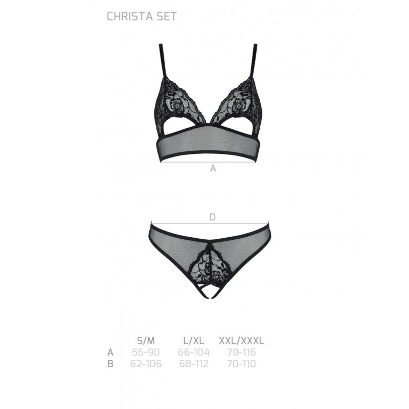 Комплект із бралету з ажурним ліфом та відкритими трусиками Passion CHRISTA SET Open Bra S/M black