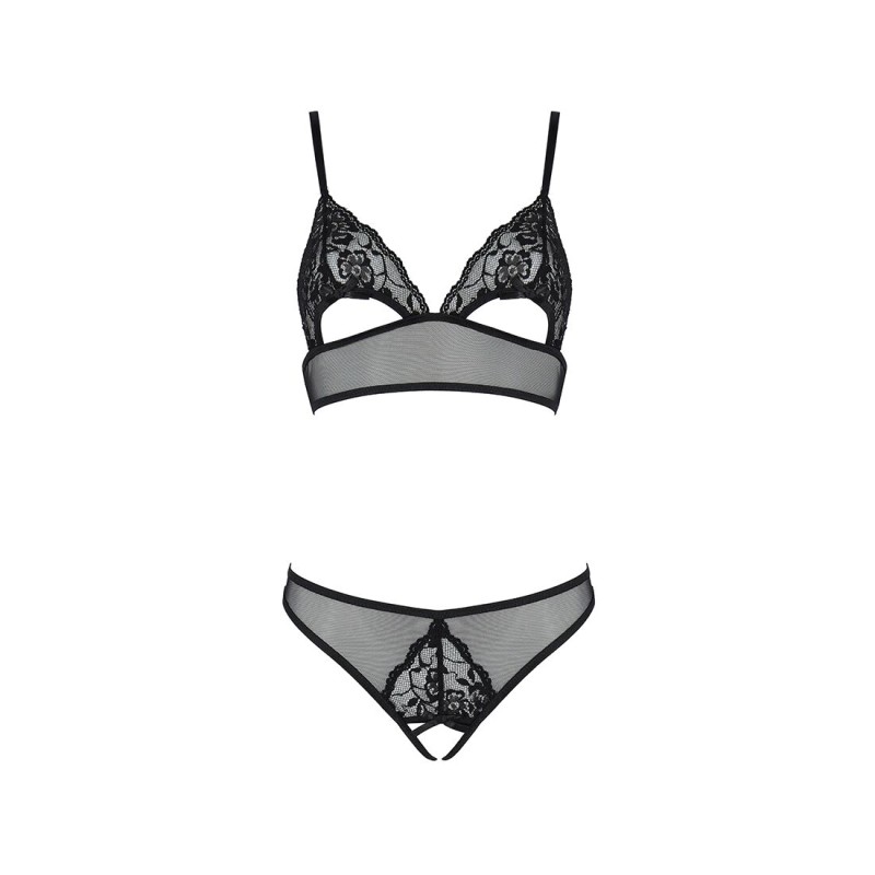 Комплект із бралету з ажурним ліфом та відкритими трусиками Passion CHRISTA SET Open Bra S/M black