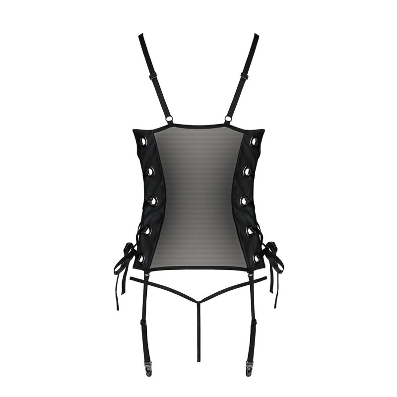 Сітчастий корсет з люверсами та знімними пажами Passion MALWIA CORSET S/M, black, екошкіра, стрінги