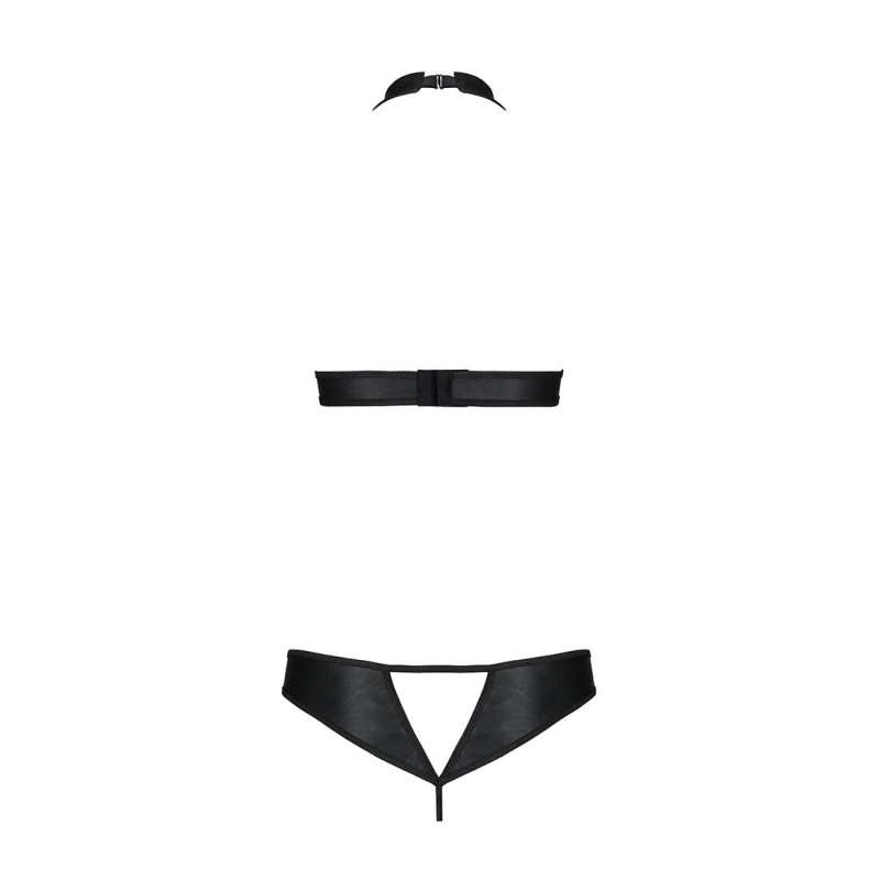 Комплект, открытый топ и трусики из эко-кожи с люверсами Passion MALWIA SET with Open Bra S/M, black