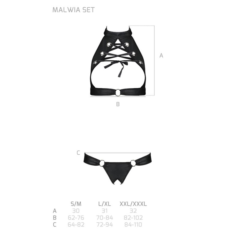 Комплект, открытый топ и трусики из эко-кожи с люверсами Passion MALWIA SET with Open Bra S/M, black