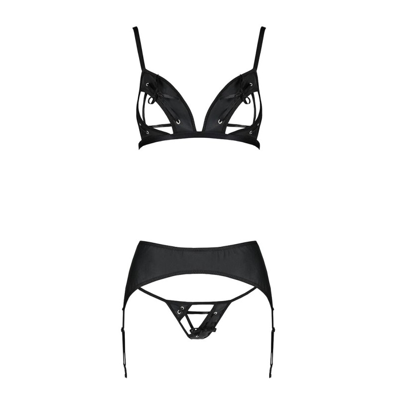 Комплект з екошкіри Passion MILEY SET L/XL, black, трусики, бюстгальтер, пояс для панчіх
