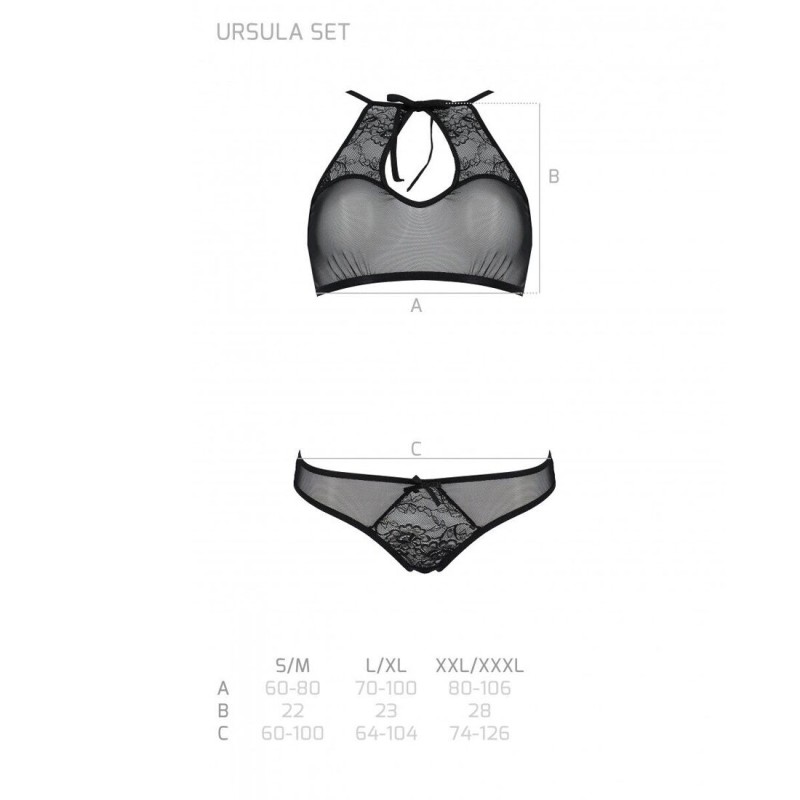 Комплект: бра, трусики с ажурным декором и открытым шагом Passion URSULA SET XXL/XXXL, black