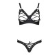 Комплект з екошкіри Passion CELINE BIKINI S/M black відкритий бра зі стрічками, стрінги зі шнурівкою