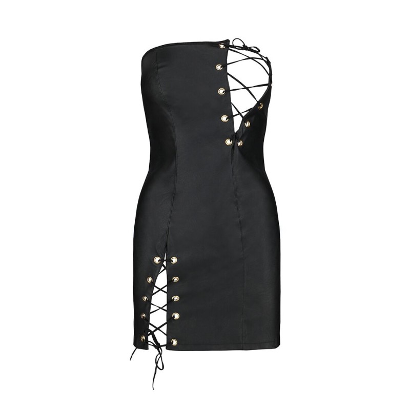 Мінісукня з екошкіри Passion CELINE CHEMISE L/XL, black, шнурівка, трусики в комплекті