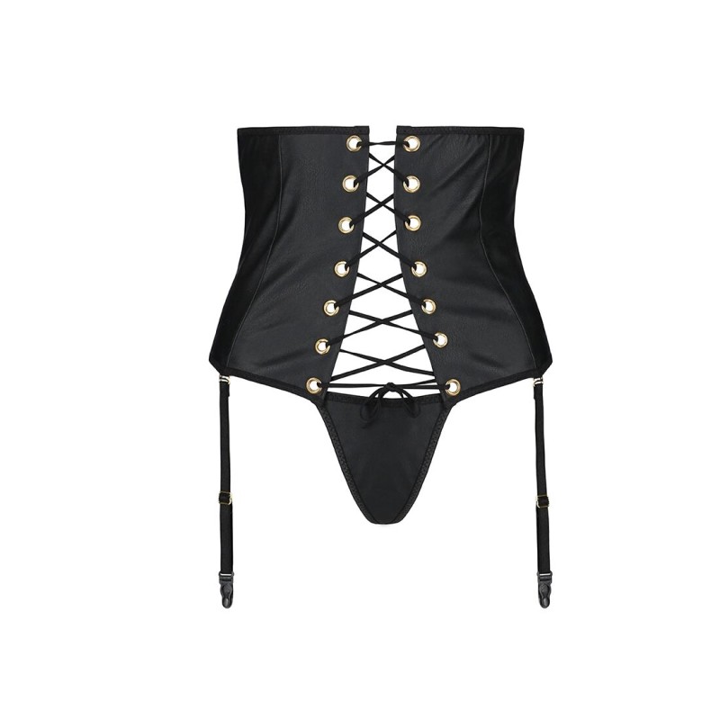 Пояс-корсет з екошкіри Passion CELINE SET L/XL, black, шнурівка, знімні пажі для панчіх, стрінги