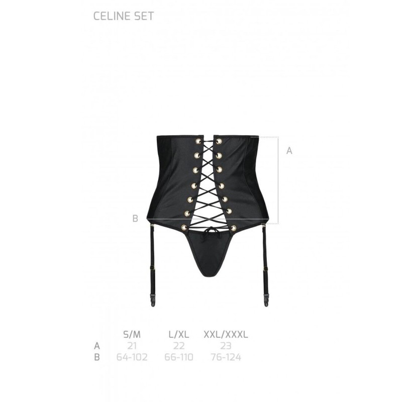 Пояс-корсет з екошкіри Passion CELINE SET XXL/XXXL, black шнурівка, знімні пажі для панчіх, стрінги