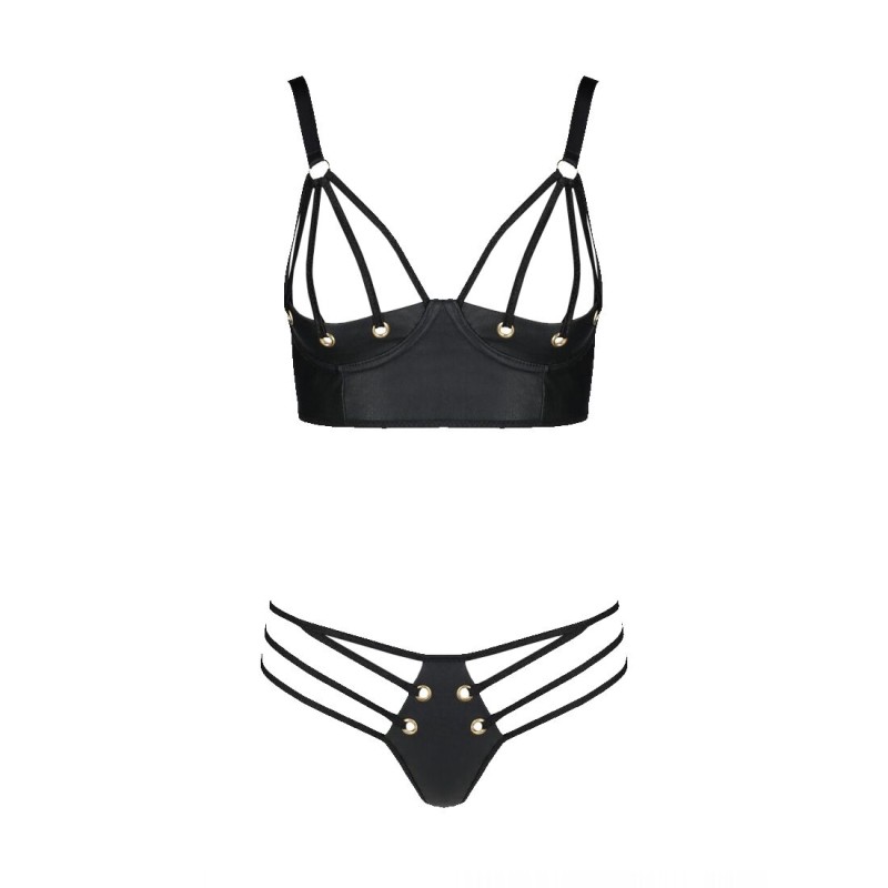 Комплект из экокожи Passion MALWIA BIKINI 6XL/7XL black, с люверсами и ремешками, бра, трусики