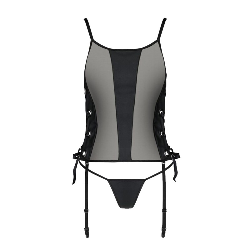 Сітчастий корсет з екошкіри Passion MALWIA CORSET 6XL/7XL black, з люверсами та знімними пажами