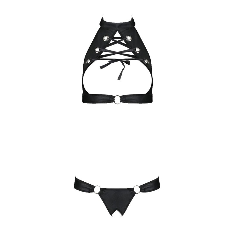 Комплект із екошкіри Passion MALWIA SET with Open Bra 4XL/5XL black, топ та трусики з люверсами