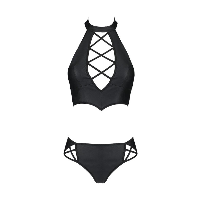 Комплект из экокожи Passion NANCY BIKINI 6XL/7XL black, бра и трусики с имитацией шнуровки