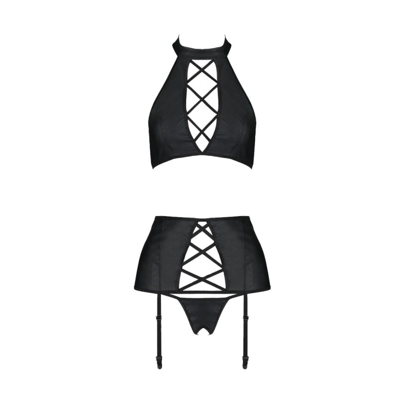 Комплект из экокожи Passion NANCY SET 4XL/5XL black, имитация шнуровки, топ, пояс для чулок