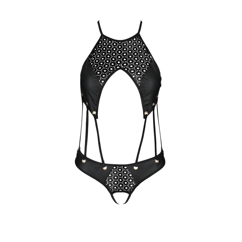 Боди с открытым доступом Passion TASMINA BODY S/M, black, экокожа, шнуровки, ажурные кружева