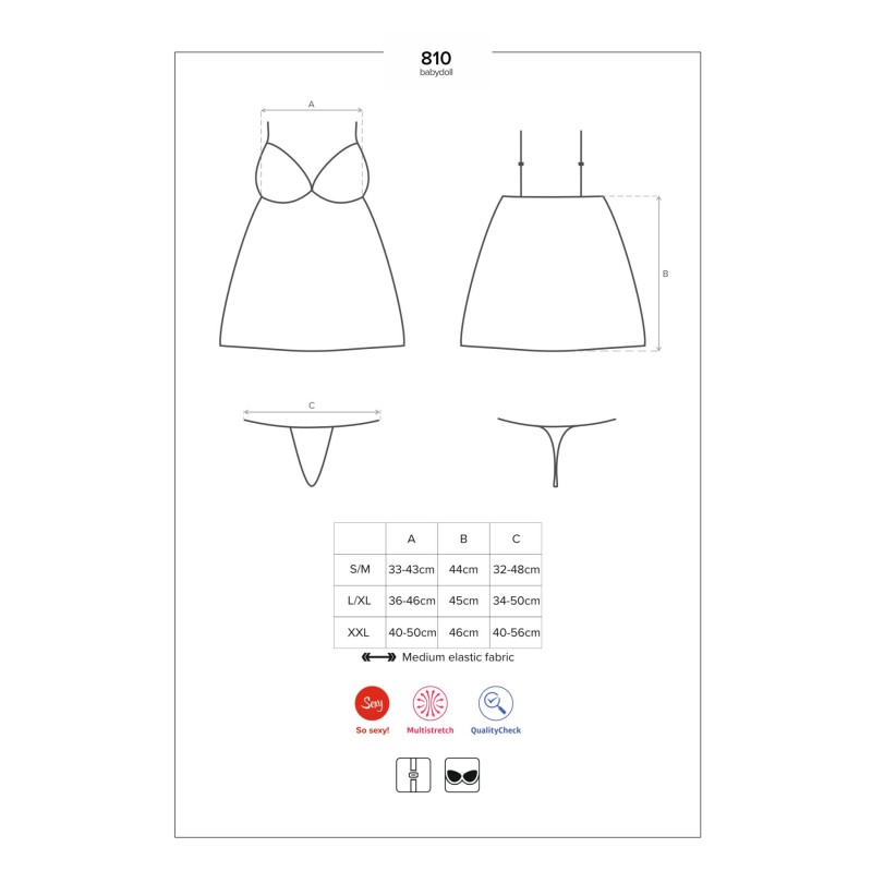 Сатиновий пеньюар із мереживом Obsessive 810-BAB-1 babydoll & thong S/M, чорний, пеньюар, танга