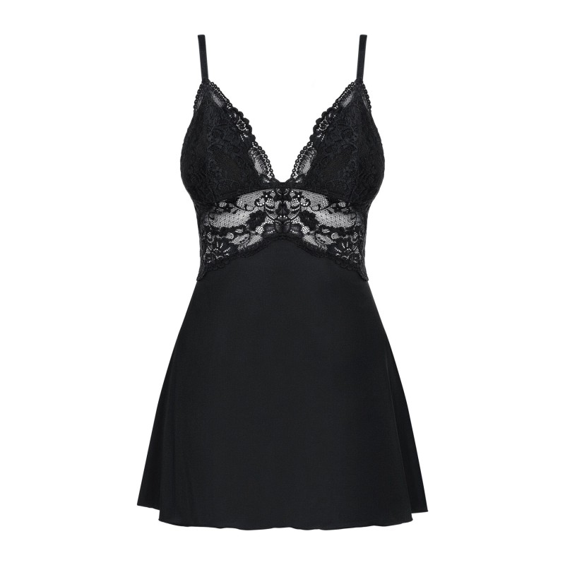 Сатиновий пеньюар з мереживом Obsessive 810-BAB-1 babydoll & thong L/XL, чорний, пеньюар, танга
