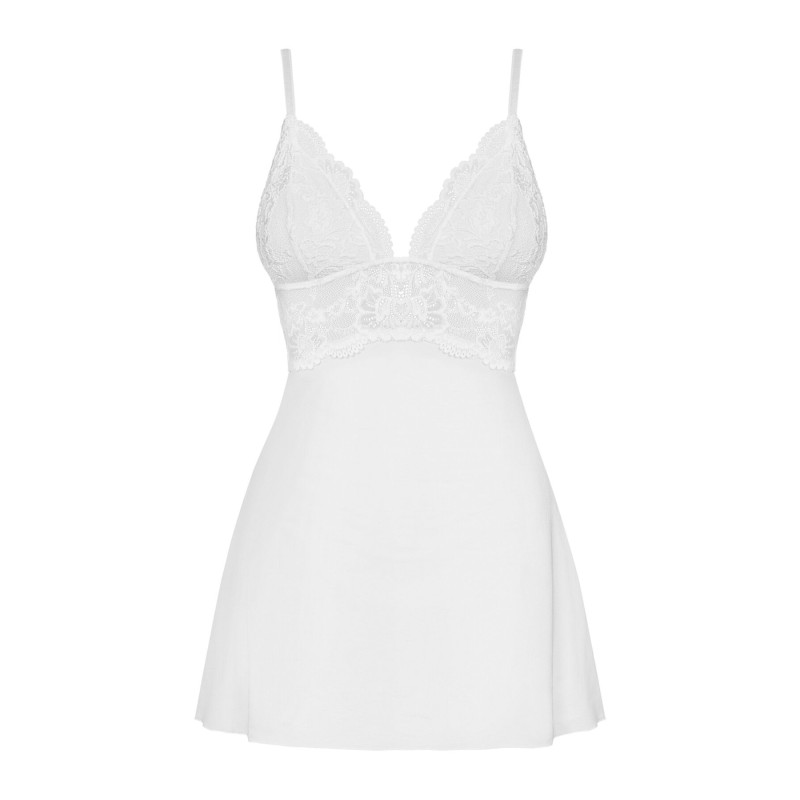 Сатиновий пеньюар з мереживом Obsessive 810-BAB-2 babydoll & thong L/XL, білий, пеньюар, танга