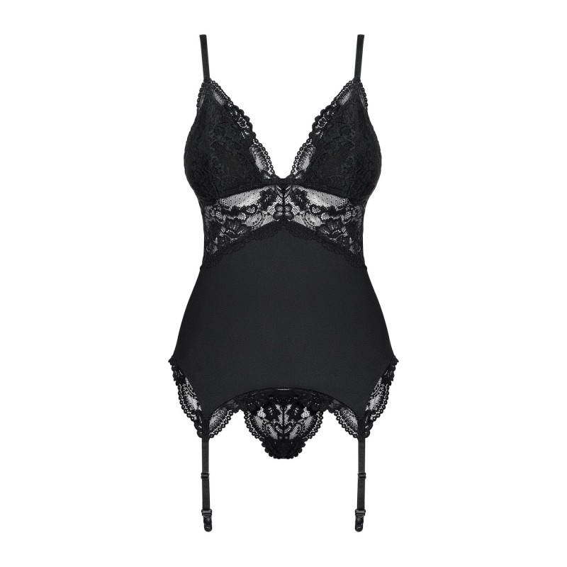 Сатиновий мереживний корсет Obsessive 810-COR-1 babydoll & thong L/XL, чорний, корсет, танга