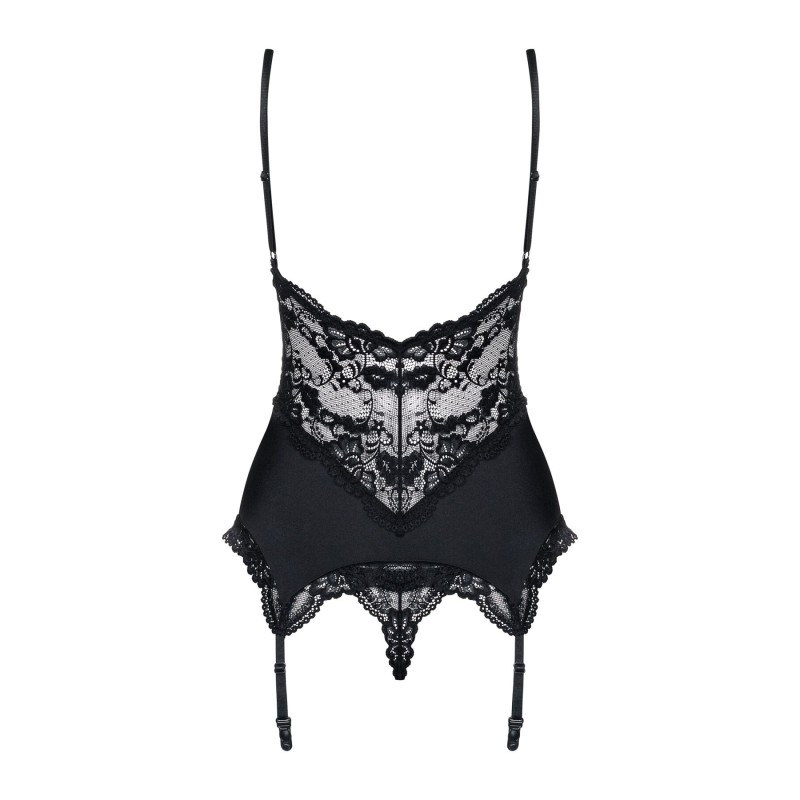Сатиновий мереживний корсет Obsessive 810-COR-1 babydoll & thong L/XL, чорний, корсет, танга