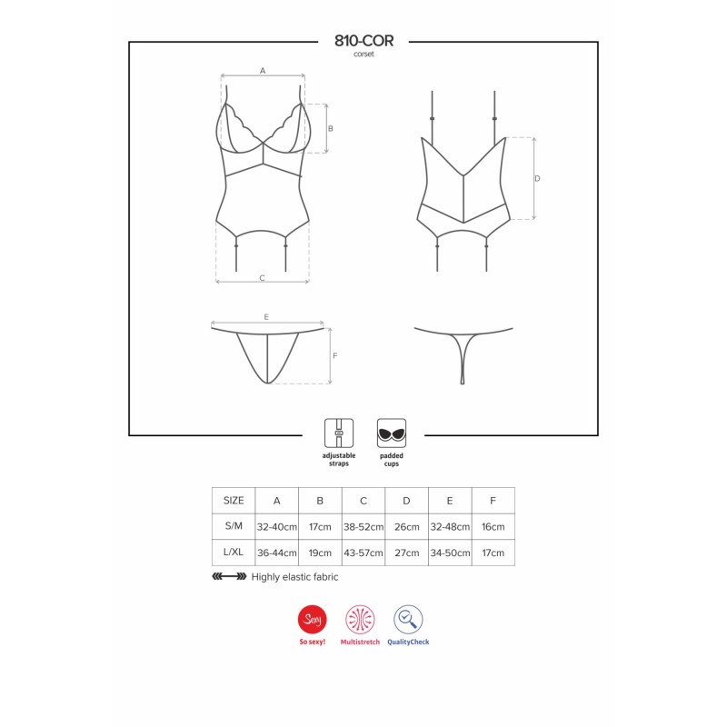 Сатиновий мереживний корсет Obsessive 810-COR-2 babydoll & thong S/M, білий, корсет, танга