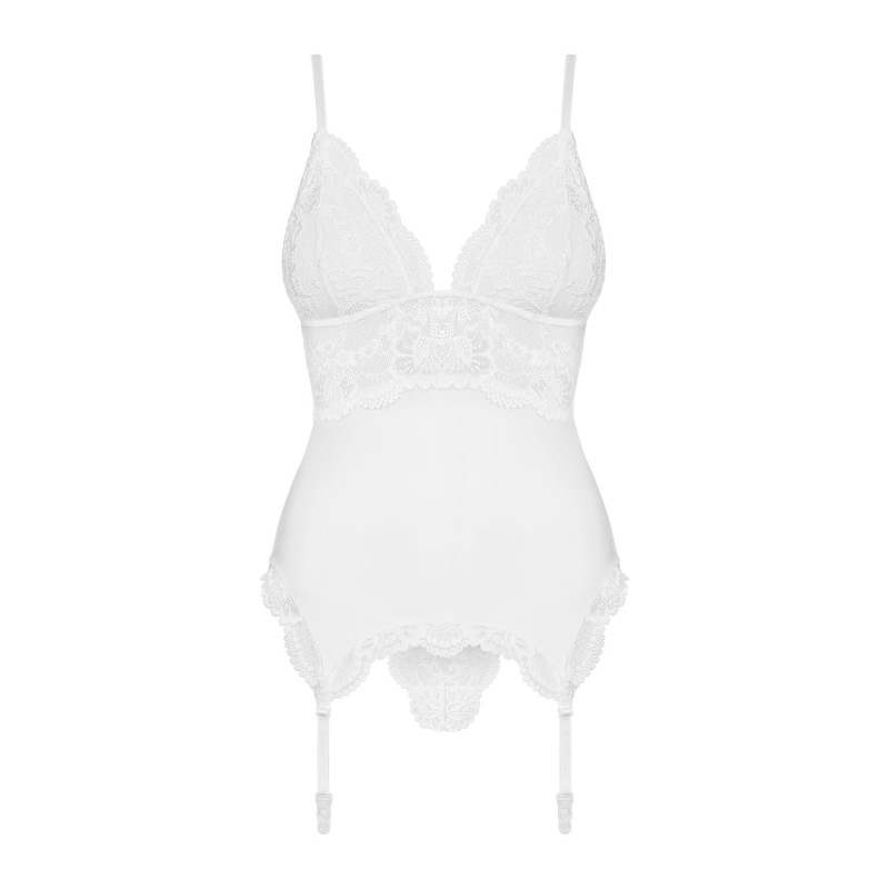 Сатиновий мереживний корсет Obsessive 810-COR-2 babydoll & thong L/XL, білий, корсет, танга