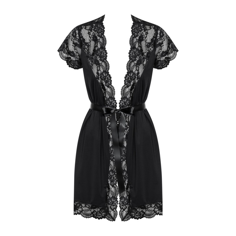 Сатиновий відкритий пеньюар на поясі Obsessive 810-PEI–1 peignoir black L/XL, чорний