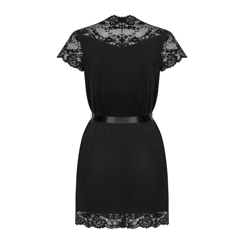 Сатиновий відкритий пеньюар на поясі Obsessive 810-PEI–1 peignoir black L/XL, чорний