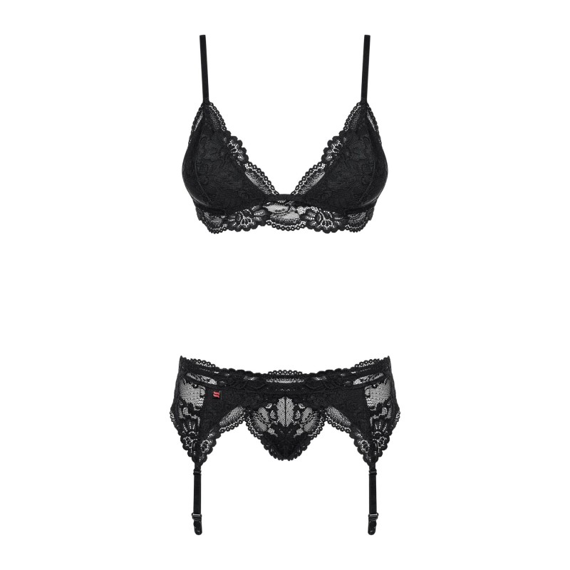 Мереживний комплект білизни Obsessive 810-SEG-1 S/M Black, бюстгальтер, стрінги, пояс для панчіх