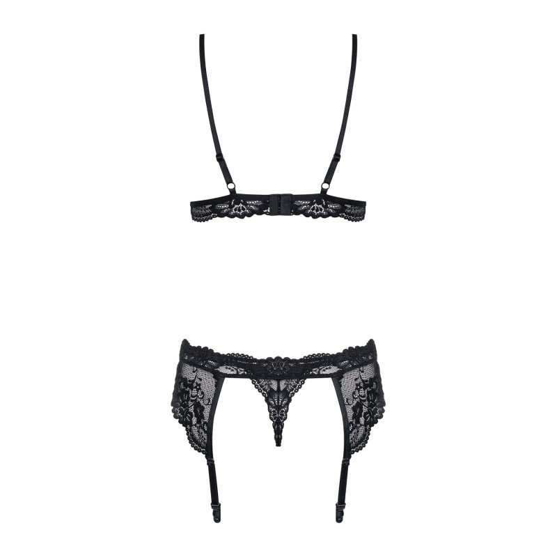 Кружевной комплект белья Obsessive 810-SEG-1 L/XL Black, бюстгальтер, стринги, пояс для чулок