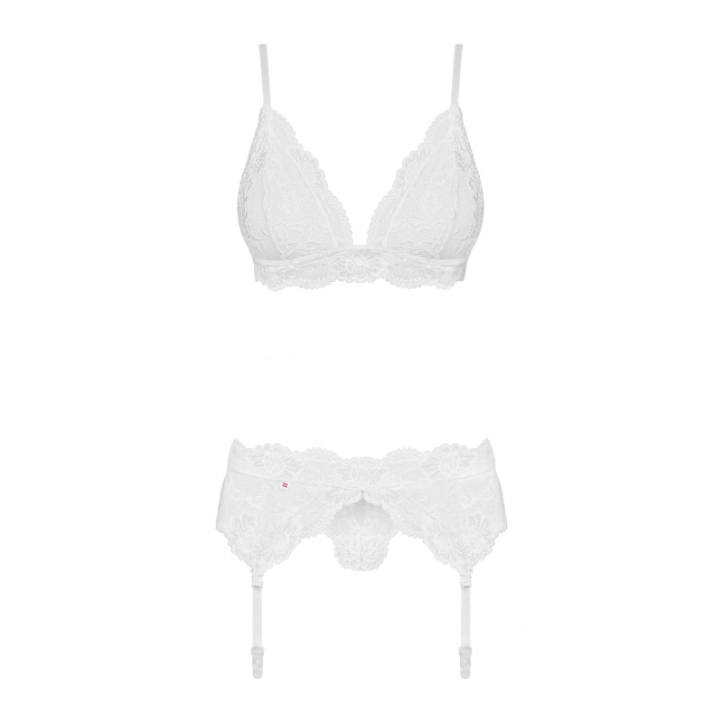 Мереживний комплект білизни Obsessive 810-SEG-2 S/M White, бюстгальтер, стрінги, пояс для панчіх