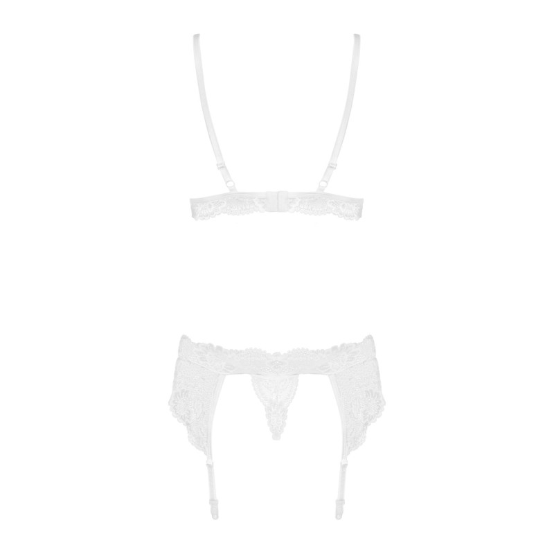 Мереживний комплект білизни Obsessive 810-SEG-1 L/XL White, бюстгальтер, стрінги, пояс для панчіх