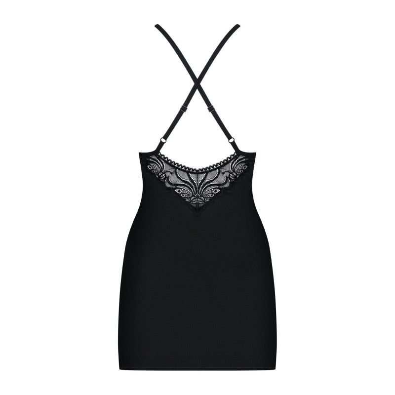 Сатиновий комплект для сну з мереживом Obsessive 828-CHE-1 chemise & thong S/M, чорний, сорочка, стр
