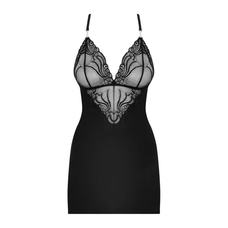 Сатиновий комплект для сну з мереживом Obsessive 828-CHE-1 chemise & thong L/XL, чорний, сорочка