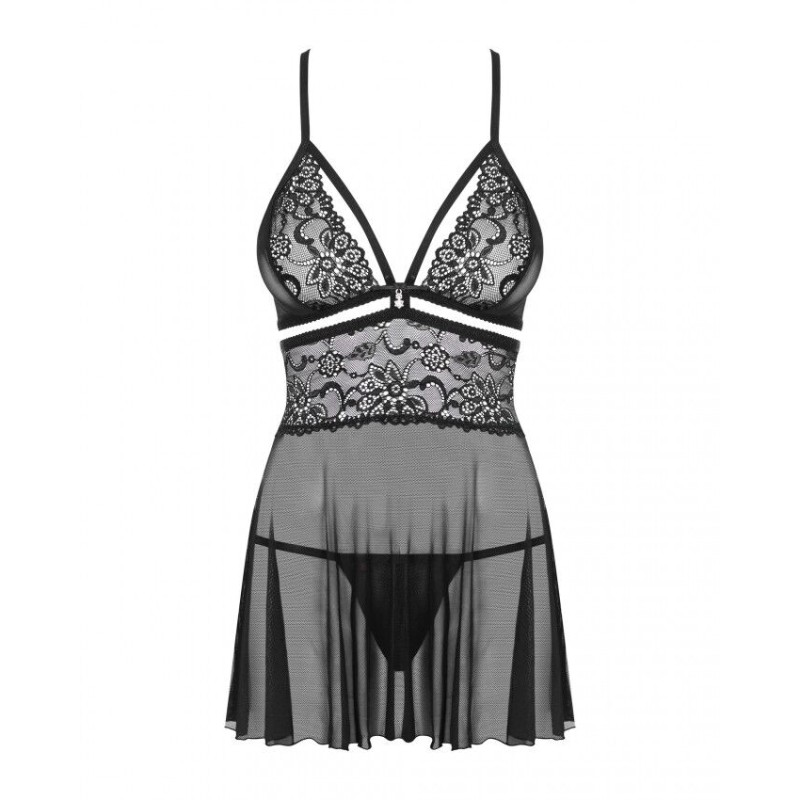 Еротичний мереживний комплект із сіточкою Obsessive 838-BAB-1 babydoll & thong black L/XL, чорний, п