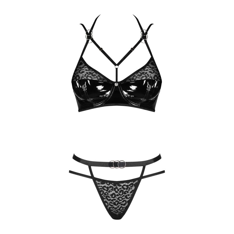 Эротический комплект под латекс со стрепами Obsessive Bagirela 2-pcs set L/XL, черный, под леопард,