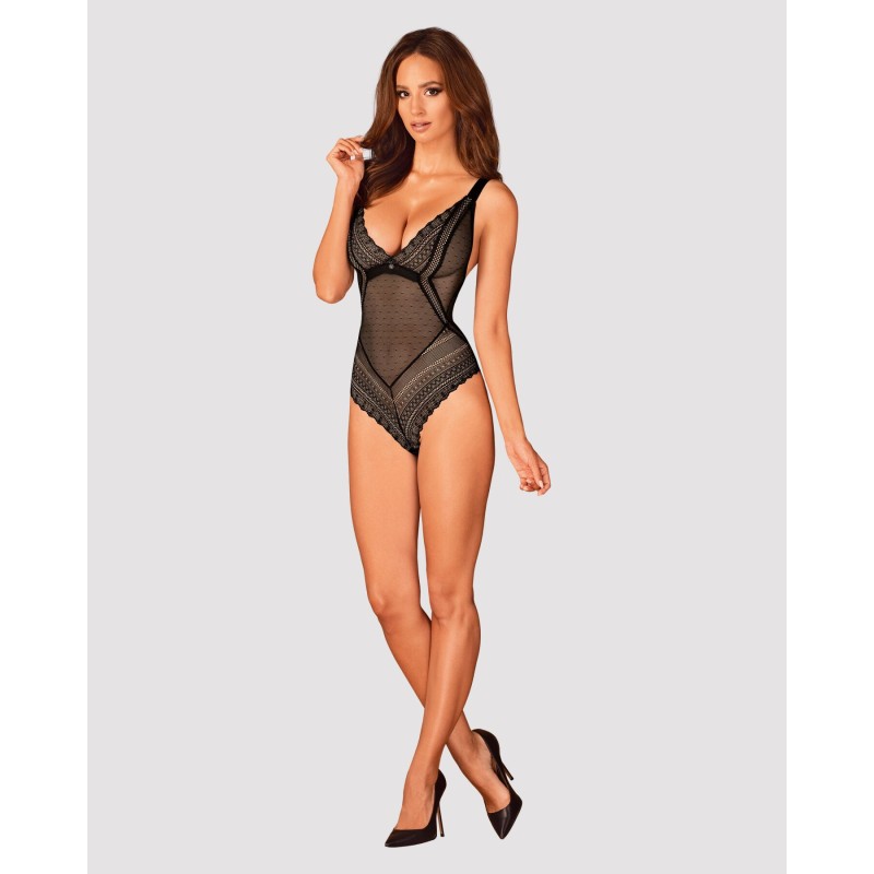 Кружевное боди с декольте Obsessive Estiqua teddy M/L, черное, широкие лямки