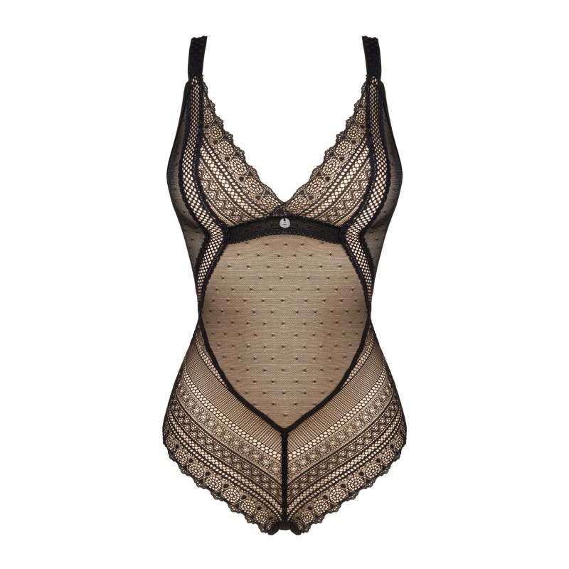 Кружевное боди с декольте Obsessive Estiqua teddy M/L, черное, широкие лямки