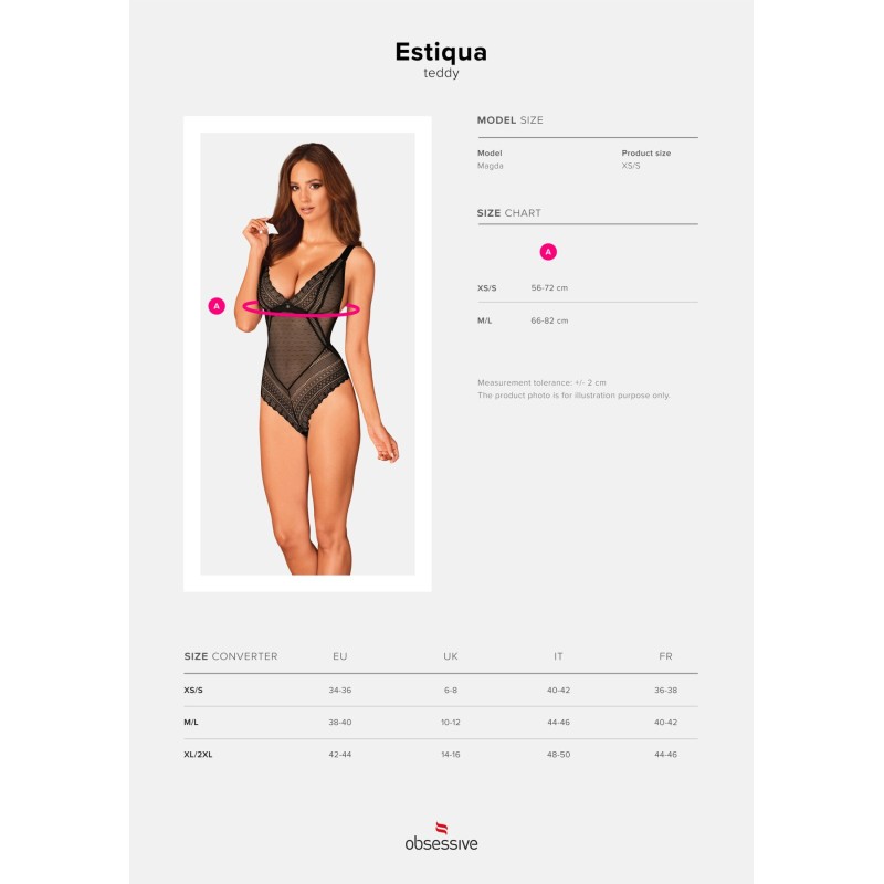 Кружевное боди с декольте Obsessive Estiqua teddy M/L, черное, широкие лямки