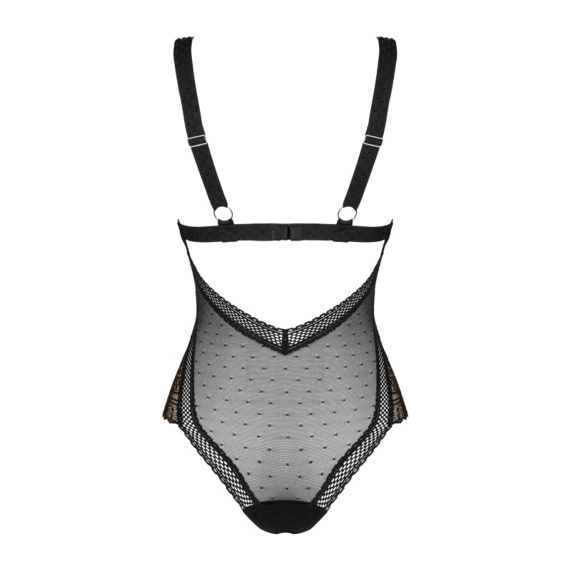 Кружевное боди с декольте Obsessive Estiqua teddy M/L, черное, широкие лямки