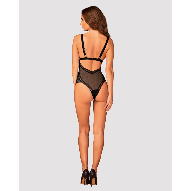 Кружевное боди с декольте Obsessive Estiqua teddy M/L, черное, широкие лямки