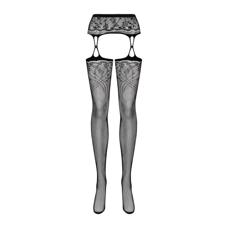 Чулки-стокинги с растительным рисунком Obsessive Garter stockings S206 black S/M/L черные, имитация